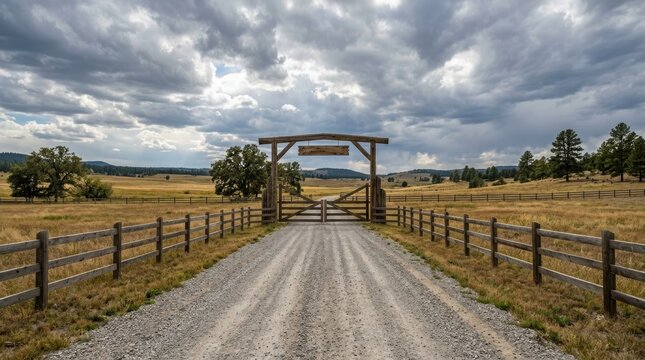 Wooden ranch gate on a dirt road leading into a sprawling countryside pasture. Rural entrance to a livestock farm. Scenic western landscape with rolling hills and dramatic clouds.