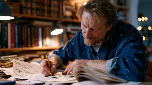 Crossword compiler at a cluttered study desk arranging a cryptic puzzle grid on squared paper, pencilled clue drafts annotated with wordplay indicators, a reference shelf of dictionaries and thesaur