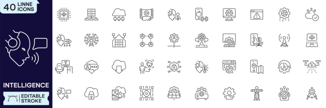 Artificial Intelligence Line Icon Set. Featuring AI Analytics, Machine Learning, Smart Automation, Data Processing, Cloud Security, Digital Intelligence, Neural Network and more. Editable Stroke. Vect