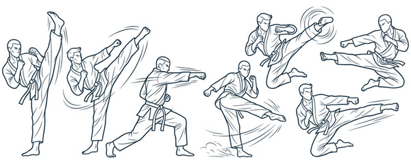 Martial arts karate fighters line art collection with dynamic poses. © Amina