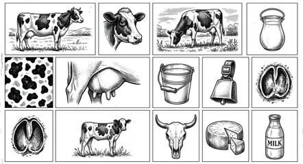 Cow illustrations with dairy products and farming tools in black and white   © Iry