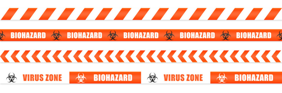 Biohazard virus zone line tape vector set. Isolated red biohazard seamless pattern lines tapes on white background. Keep out Biological hazard sign ribbon. Pandemic area concept. Vector illustration.