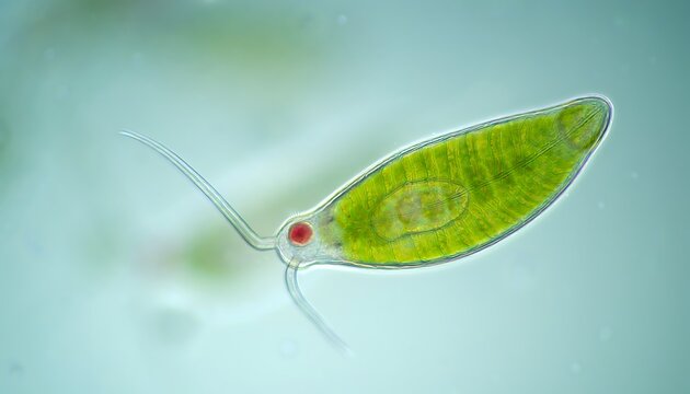 Close up of a single green paramecium microorganism swimming.