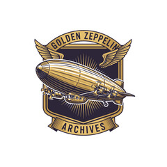Vintage golden zeppelin airship logo with wings and archive typography © Cageee
