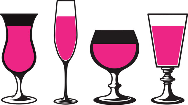 Set of Four Elegant Drinking Glasses with Pink Beverage - Wine and Cocktail Glass Illustration
