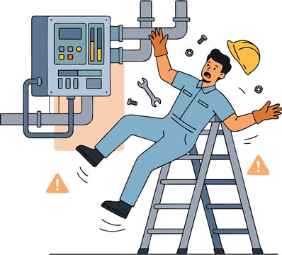 Worker Falling from Ladder During Industrial Maintenance Vector Illustration