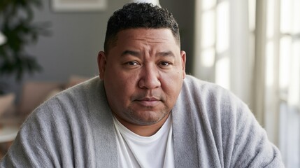 Naklejka premium Workplace impostor syndrome Mixed ethnicity plus size middle aged man