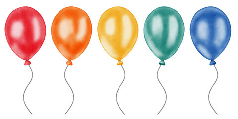 Watercolor colorful birthday balloons set isolated on white background. Bright helium balloons for birthdays, anniversaries, party invitations, children's design, and cardmaking © Elli