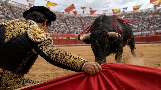 Bullfight Arena: A dramatic scene unfolds as a matador in traditional attire faces a charging bull, red cape fluttering, within the intense atmosphere of a bullring.