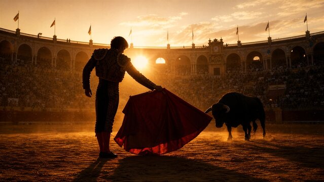 Matador and Bull at Sunset: A dramatic silhouette of a matador holding a red cape confronts a powerful bull in the arena during a breathtaking sunset.