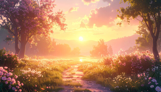 Flower Meadow at Sunset
