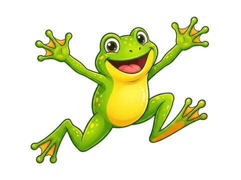 A cheerful green cartoon frog jumping in mid-air with a big smile