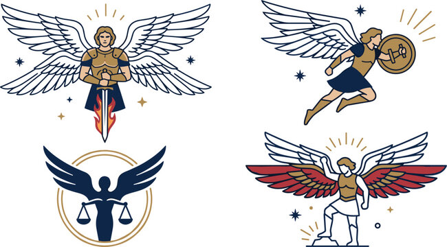 Archangel Michael Icon Set with Spiritual Warrior Angels Holding Swords Shields and Justice Scales Logos for Tattoos and Religious Designs