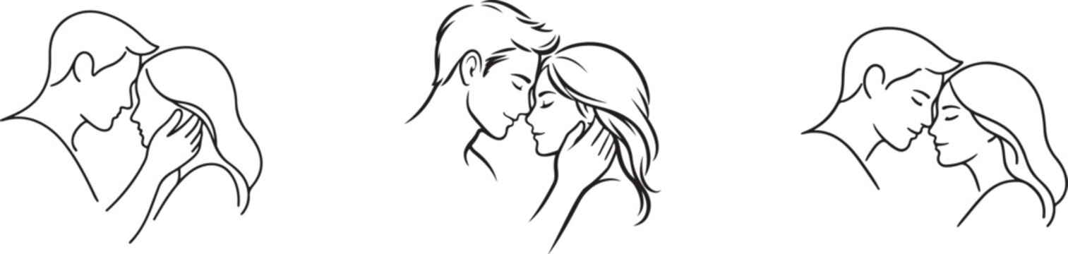 Forehead touch couple line art set with romantic love and Valentine themed minimalist illustrations.