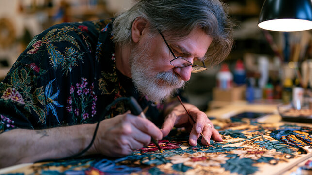 Pyrography and tole painting hybrid artist combining wood burning line work with hand-applied folk art botanical fills on a cabinet door panel, fine ball stylus and a rigger brush in use simultaneou