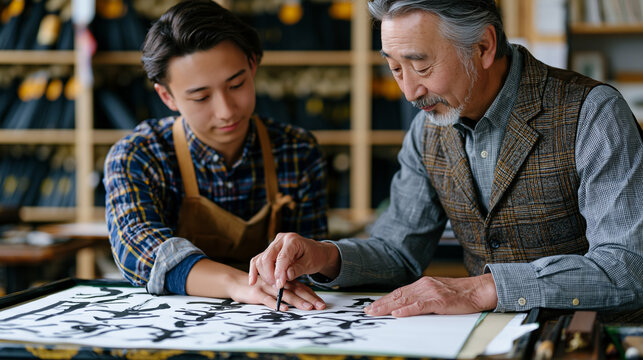 Senior calligrapher teaching a teenage apprentice the correct brush angle for kaishu script at a studio with floor-to-ceiling shelving of ink sticks, the master's hand guiding wrist placement over p