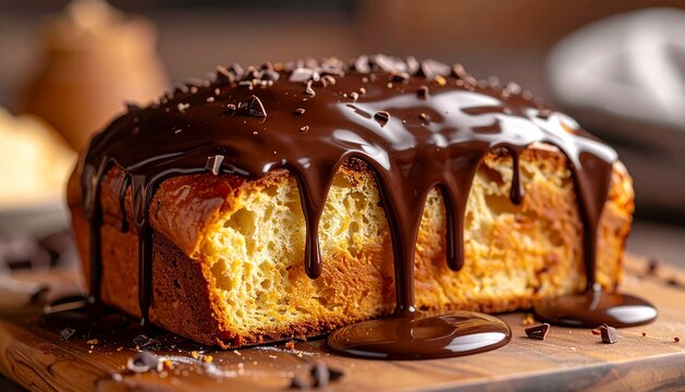 Delicious fresh baked loaf cake covered with rich dripping dark chocolate glaze