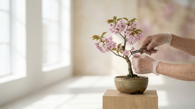 Close-up of elderly hands wearing a glove to carefully prune a beautiful blossoming pink bonsai tree, symbolizing a purposeful retirement and deep connection with nature.