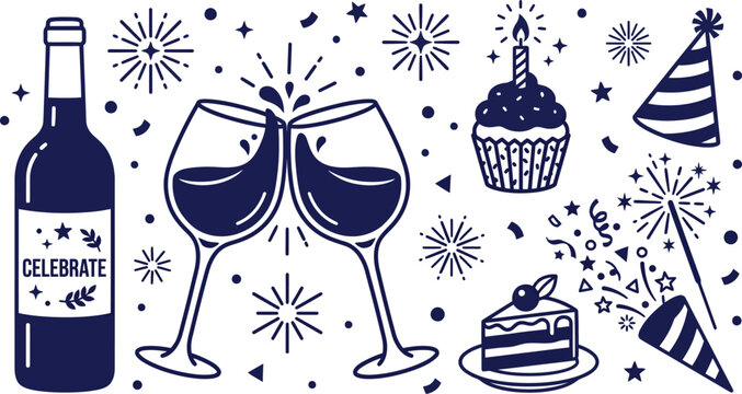 Party celebration champagne bottle glass icons set festive event drink vector illustration collection graphic design