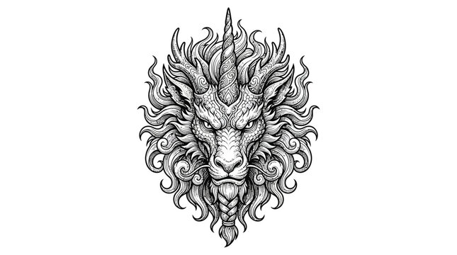 Detailed illustration of a mythical dragon head with intricate details.