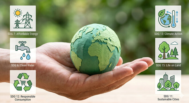 Sustainable Development Goals hologram with green earth globe in human hands, ESG finance and global climate action concept with glowing SDG icons, Eco-friendly conservation concept.