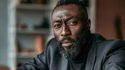 Fototapeta premium Workplace impostor syndrome middle aged African man wary