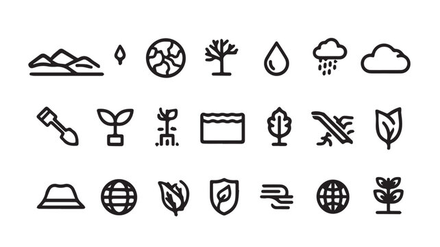 Minimalist nature line icons set, 21 environment and ecology vector symbols, black outline sustainability and climate change graphics for web design
