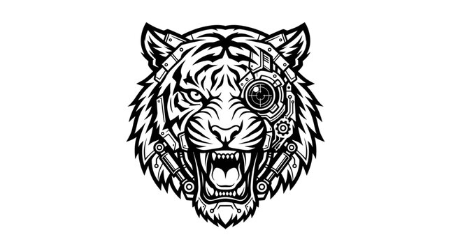 Fierce cybernetic tiger head with mechanical eye and implants.
