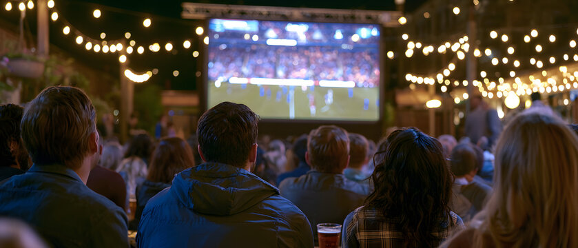 The rear view of a crowd watching a live football match on a big screen at an outdoor night event, illuminated by warm string lights.