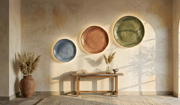 A set of three large, textured, organic-shaped wall plates in blue, terracotta, and olive green, highlighting rustic, wabi-sabi aesthetics.