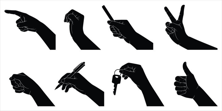 Collection of Black Silhouette Hands Performing Various Gestures and Actions Keywords: hand, silhouette, gesture, pointing, fist