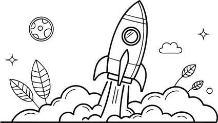 Rocket ship silhouette illustration with planet stars and foliage on a white background rocketship spacecraft © Riazhasan444