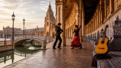 Flamenco Dancers at Plaza de España: A couple performs an impassioned flamenco dance against the stunning backdrop of the Plaza de España in Seville, Spain, with a guitar resting nearby.