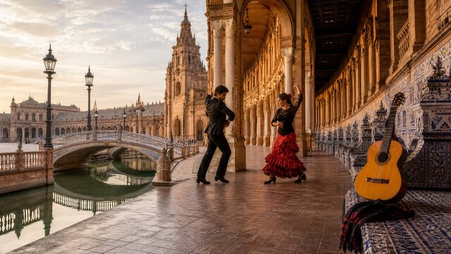 Flamenco Dancers at Plaza de Espa&ntilde;a: A couple performs an impassioned flamenco dance against the stunning backdrop of the Plaza de Espa&ntilde;a in Seville, Spain, with a guitar resting nearby.