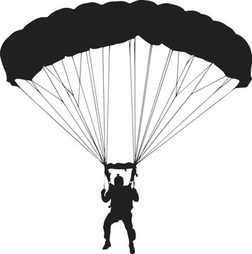 Parachutist Landing Silhouette Vector Illustration, Extreme Skydiving Adventure Concept with Open Canopy, Isolated Black Sports Design