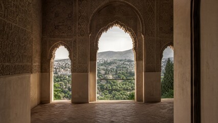Fototapeta premium Moorish Archway View: An ornate Moorish archway frames a panoramic vista of a sun-drenched city nestled amongst verdant hills.