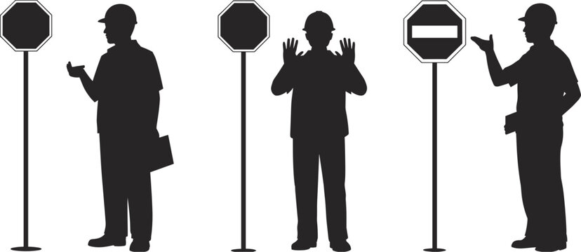 Construction Worker Silhouettes Holding Stop Signs and Gesturing person