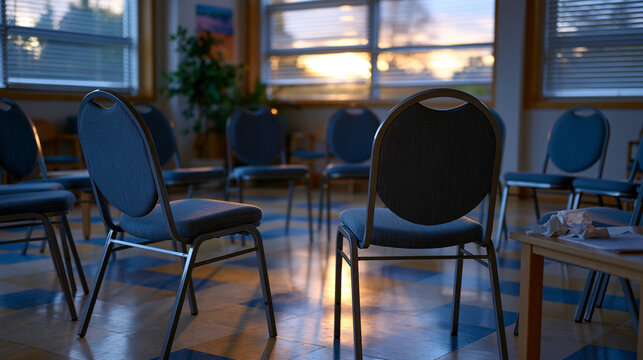 aftermath moment showing empty group therapy chairs arranged in circle in community center room after session, one chair slightly turned, crumpled tissues on side table, late afternoon light through