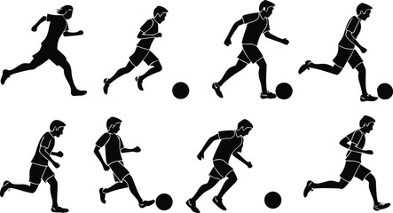 Soccer player silhouettes running with a ball a black and white vector illustration set athlete © Riazhasan444