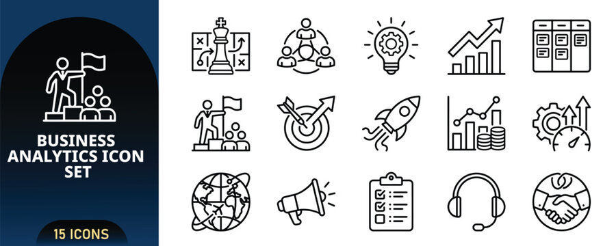 Business Analytics Icon Set, Vector Line Art Icons of Corporate Leadership, Growth Chart, Marketing Target, Rocket Startup, Kanban Board, Global Strategy and Partnership Handshake Isolated.