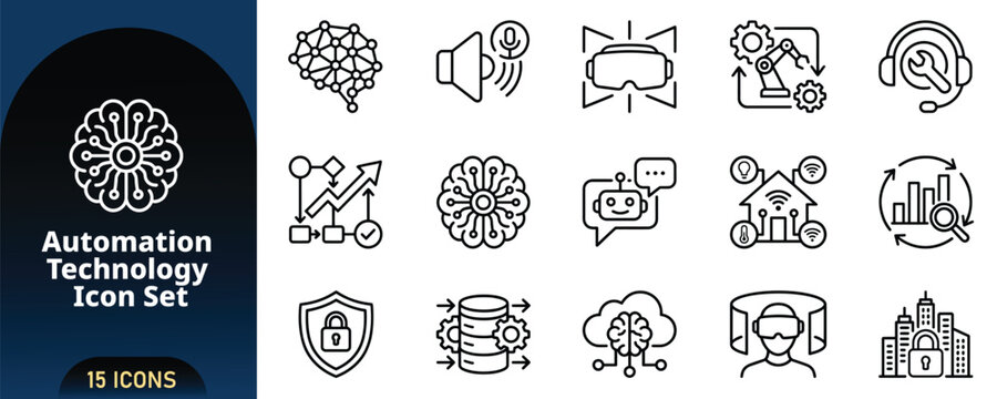 Automation Technology Icon Set, Vector Line Art Icons of Artificial Intelligence AI Brain, Robot Arm Process, Smart Home, Chatbot, Cloud Computing, Cyber Security and VR Headset Isolated on White.