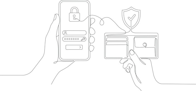 Smartphone login screen connected to digital wallet. Secure mobile authentication and online payment concept in one line art style