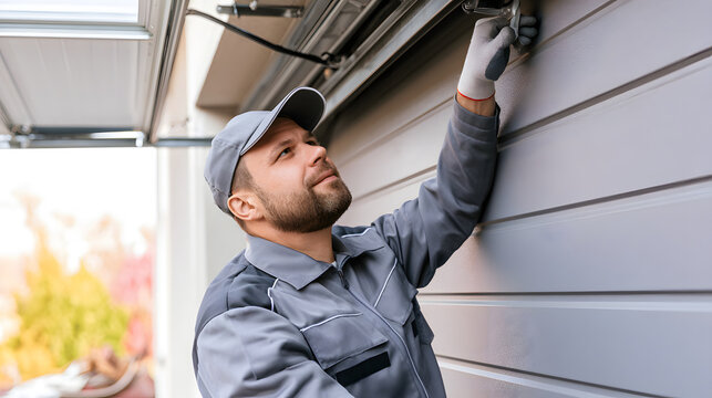 The technician examines and fixes the garage door mechanism, providing expert home services and maintenance outdoors