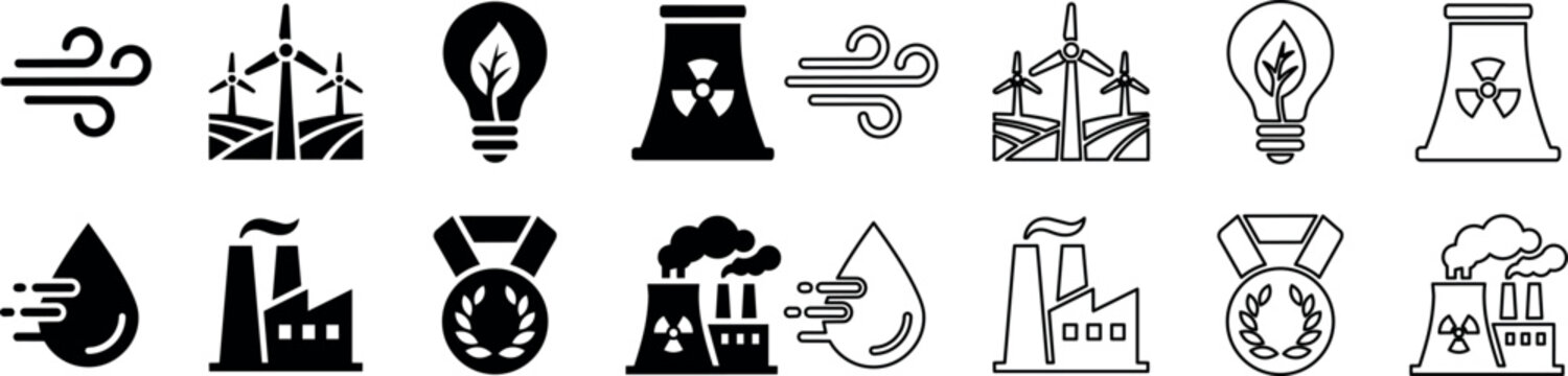 Environmental and energy icons representing wind, solar, nuclear, water, industry, and awards