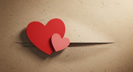 Fototapeta premium Two red and pink paper hearts on textured craft paper background for romantic Valentine's Day greeting card with copy space.