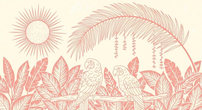 Two parrots sitting on a branch in a tropical jungle sunset illustration