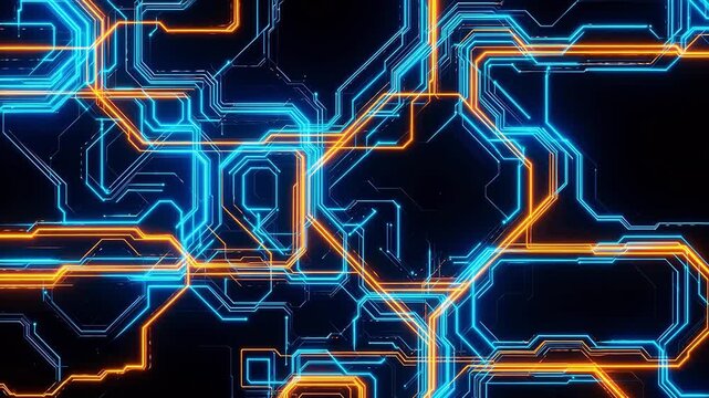 Neon circuit patterns on dark background