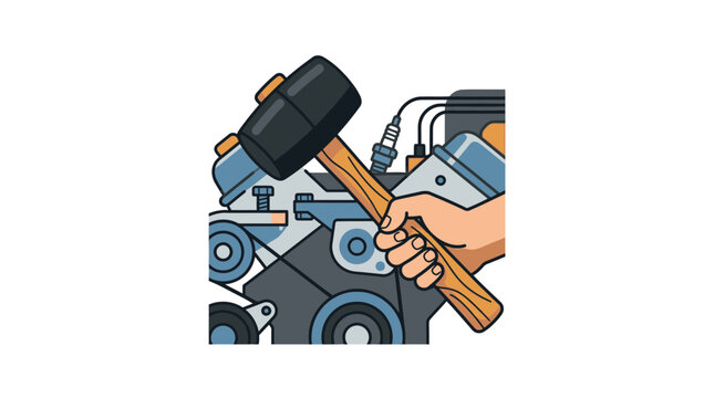 Hand with Mallet Fixing Car Engine