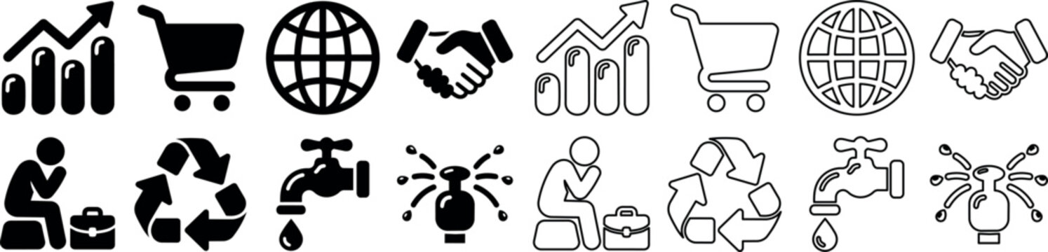 Business and environmental icons including growth chart, shopping cart, globe, handshake, thinking man, recycling symbol, and water faucet