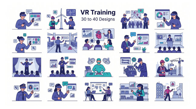 Vr training vector illustration set featuring immersive technology and virtual reality concepts training technology simulation education immersive learning innovation equipment software